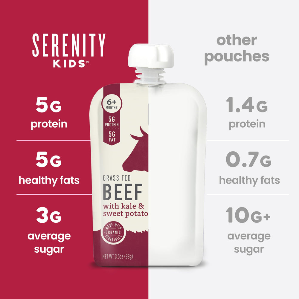 Serenity Kids meat pouch close-up highlights 5g protein per pouch.