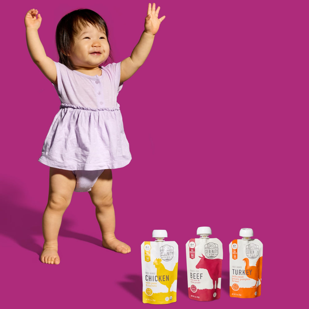 Serenity Kids meat pouch freshness with closed lid emphasizes clean, ethical protein.