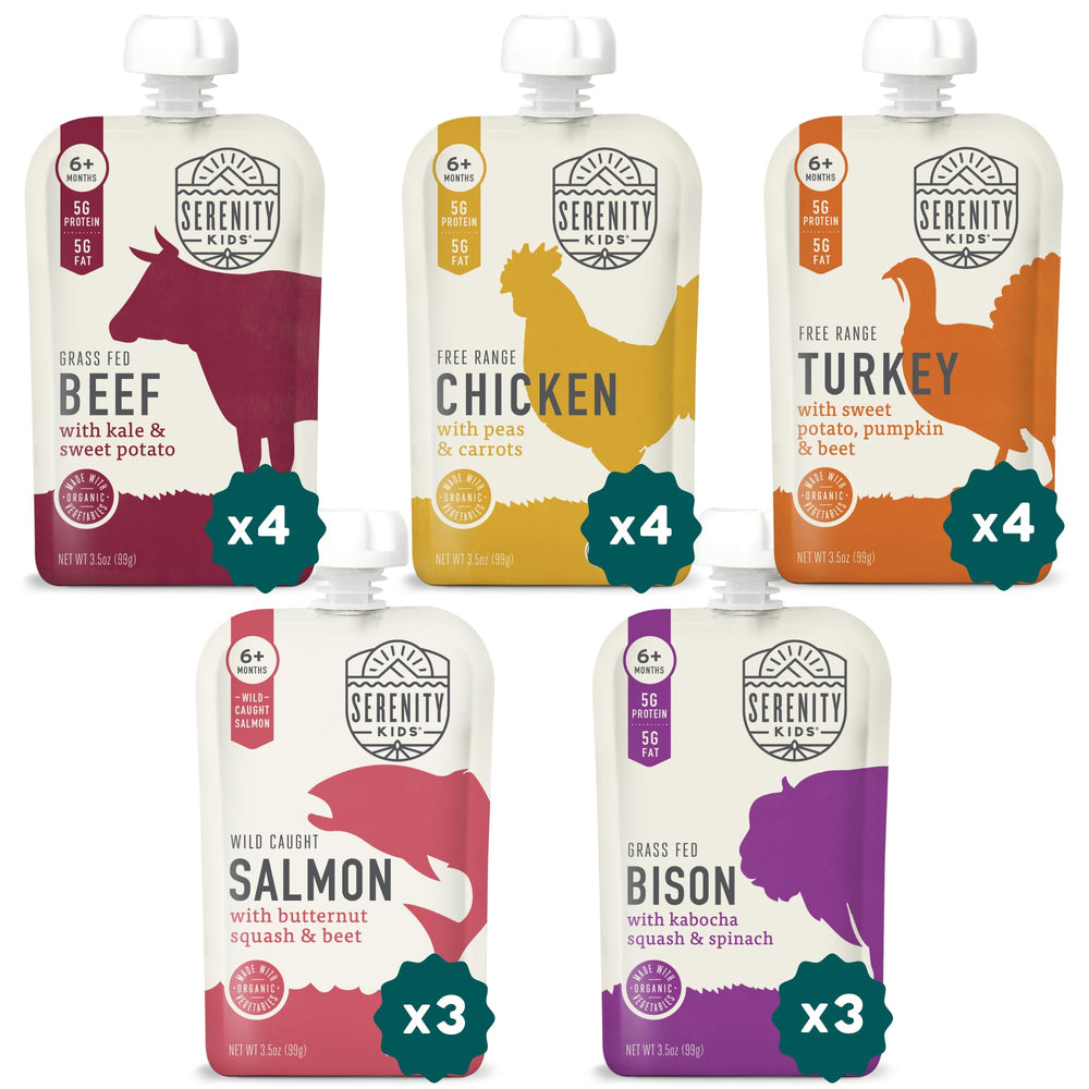 Serenity Kids meat pouch packshot shows portable protein for active toddlers.