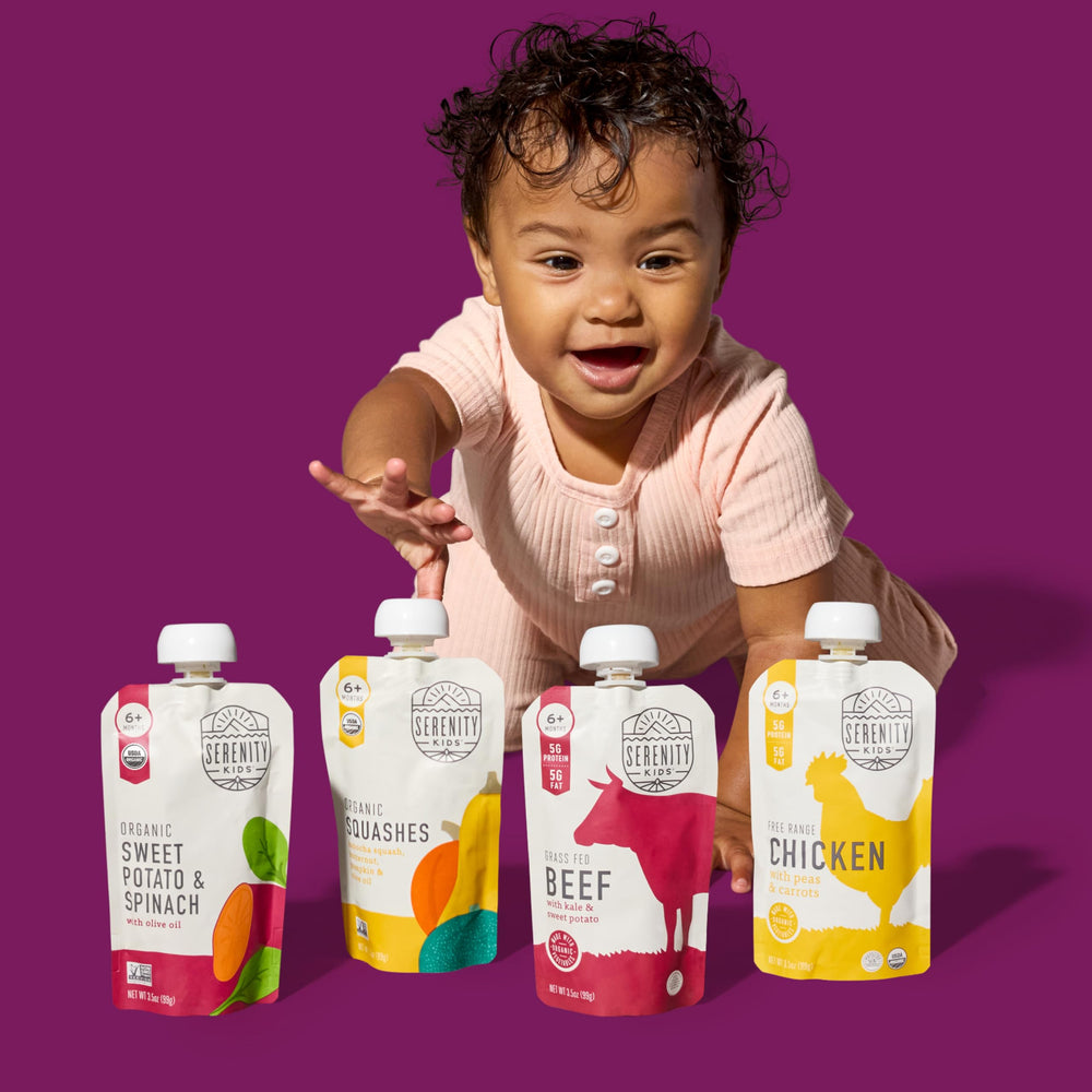 Serenity Kids meat option pouches featuring bison and beef for protein.