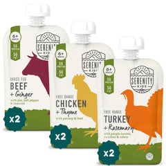 Serenity Kids meats and herbs variety pack pouches offer protein rich flavors for growing babies.