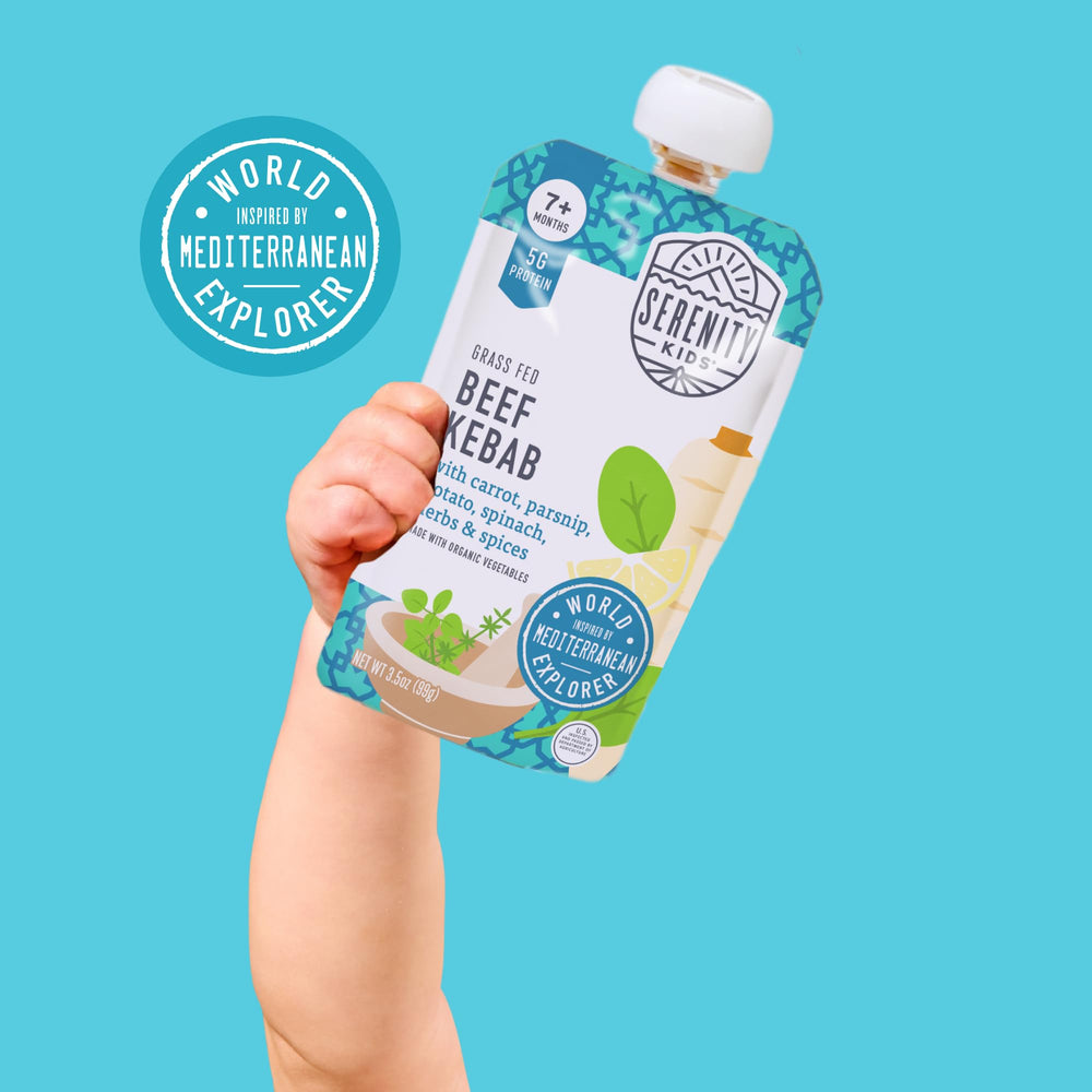 Serenity Kids no-added-sugar claim visible on pouch front.