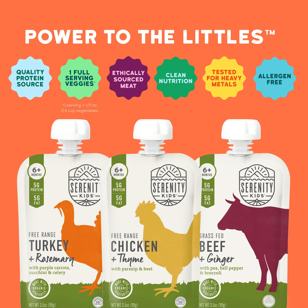 Serenity Kids organic baby food pouches in BPA-free packaging for clean eating.