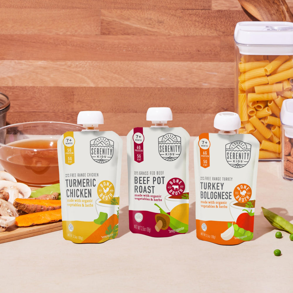 Serenity Kids pasture-raised chicken pouch highlights clean protein for busy days.