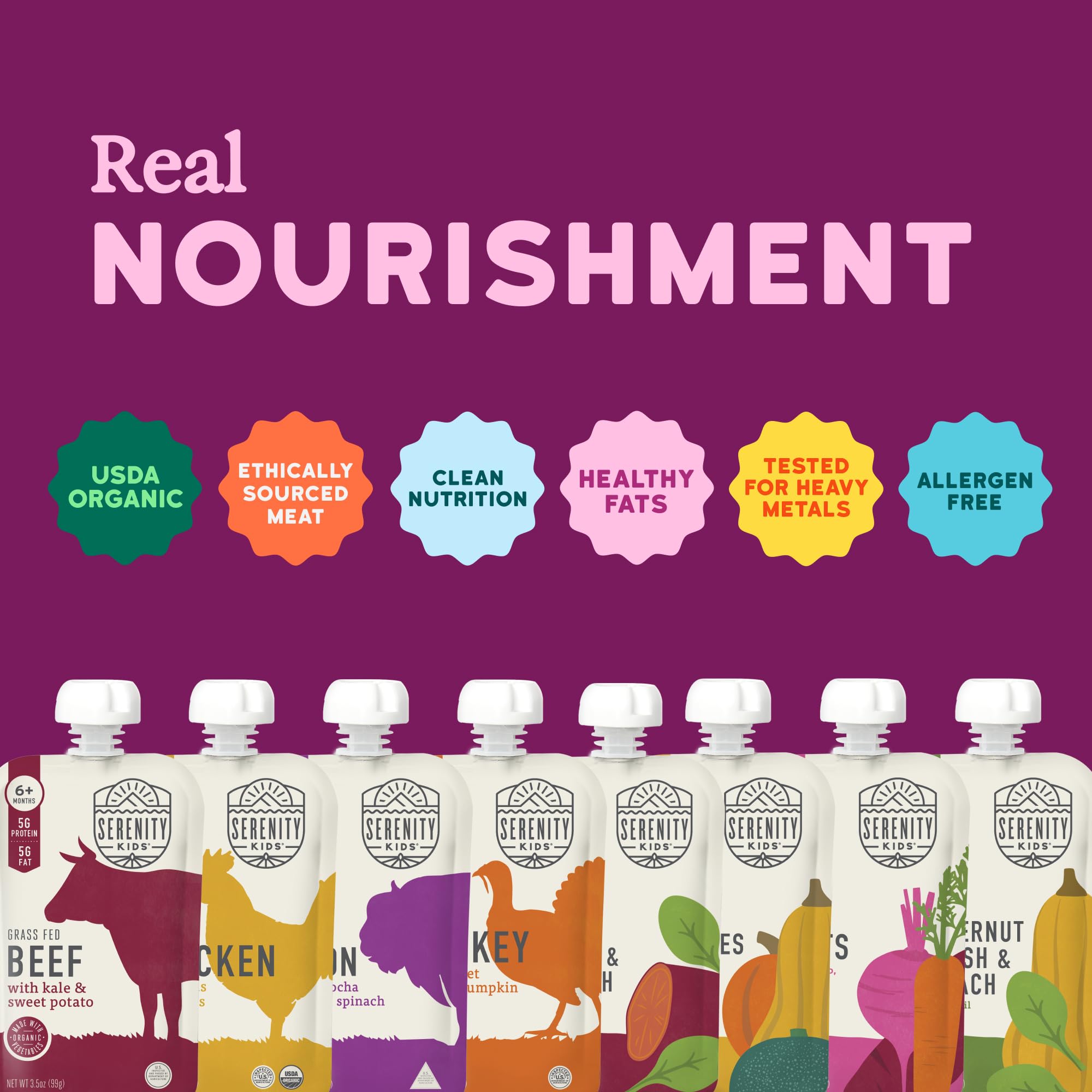 Serenity Kids pouch label highlights 5g protein per serving for growing toddlers.