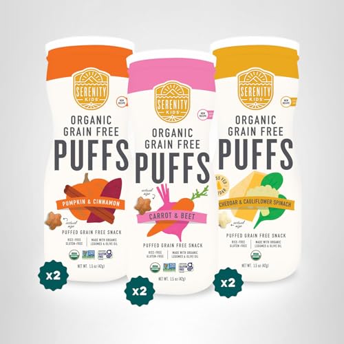 Serenity Kids Puffs pumpkin and carrot flavors, dissolvable for tiny hands.