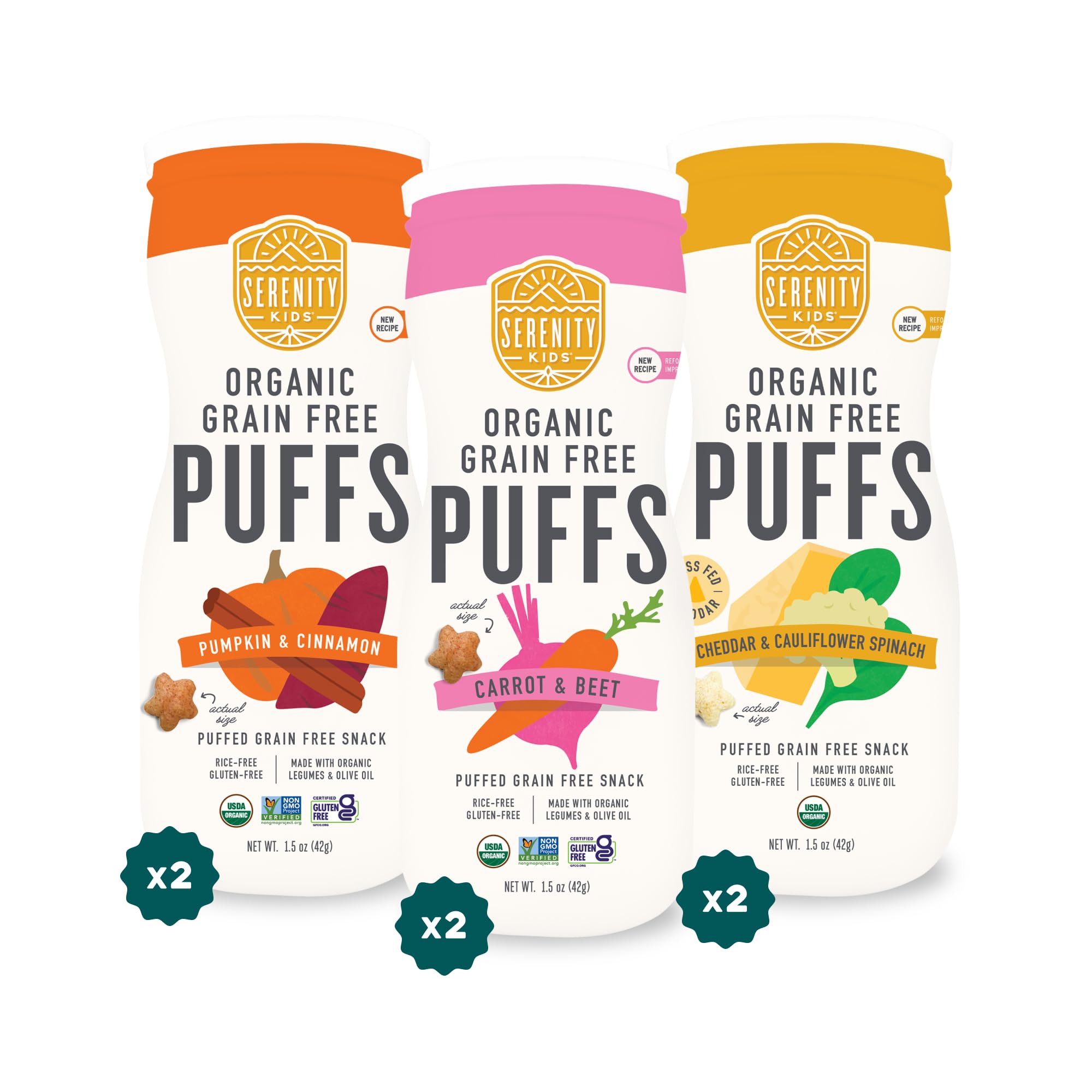 Serenity Kids Puffs variety pack canister offers a mess-free, on-the-go snack option.