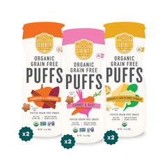 Serenity Kids Puffs variety pack canister offers a mess-free, on-the-go snack option.