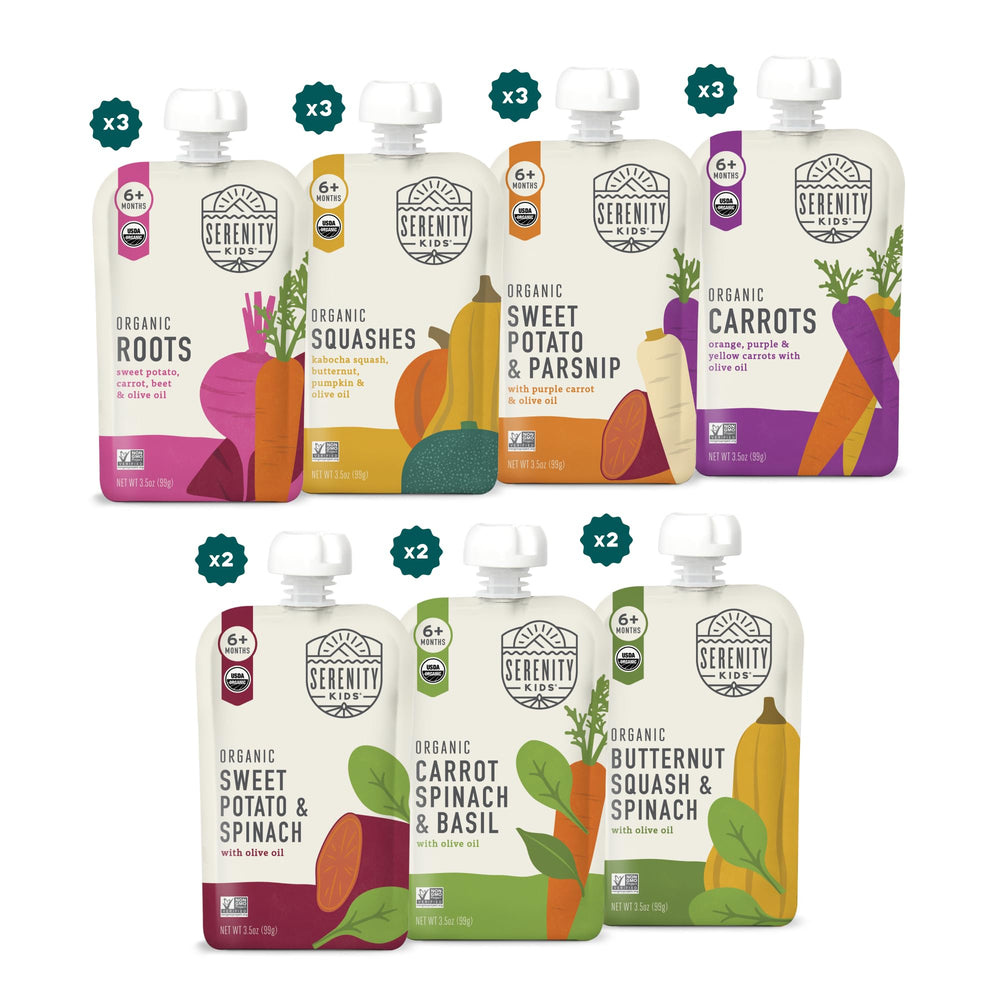 Serenity Kids USDA Organic Baby Food Pouch for on-the-go feeding without added sugar.