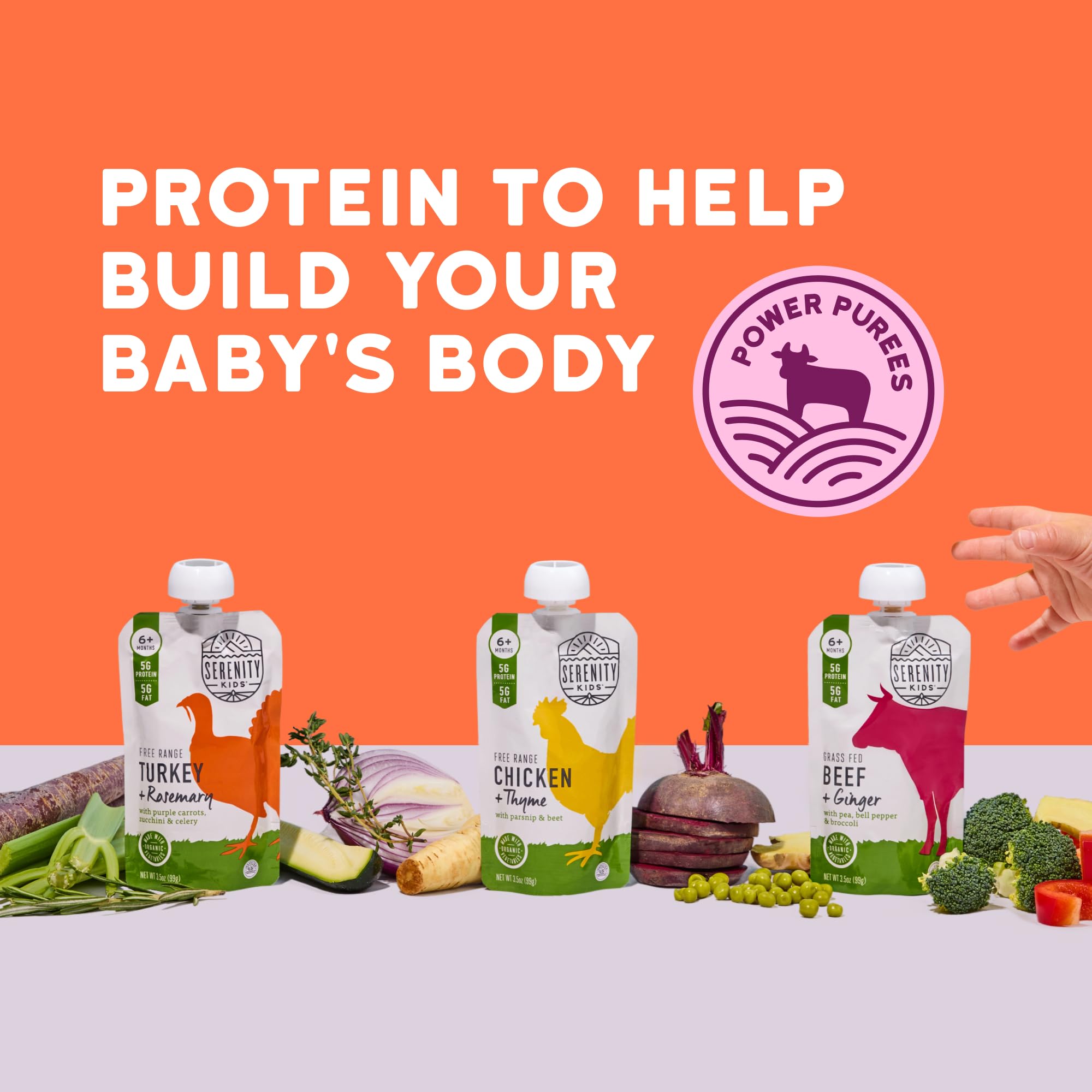 Serenity Kids veggie-first nutrition pouches blend organic vegetables and meats for savory taste.
