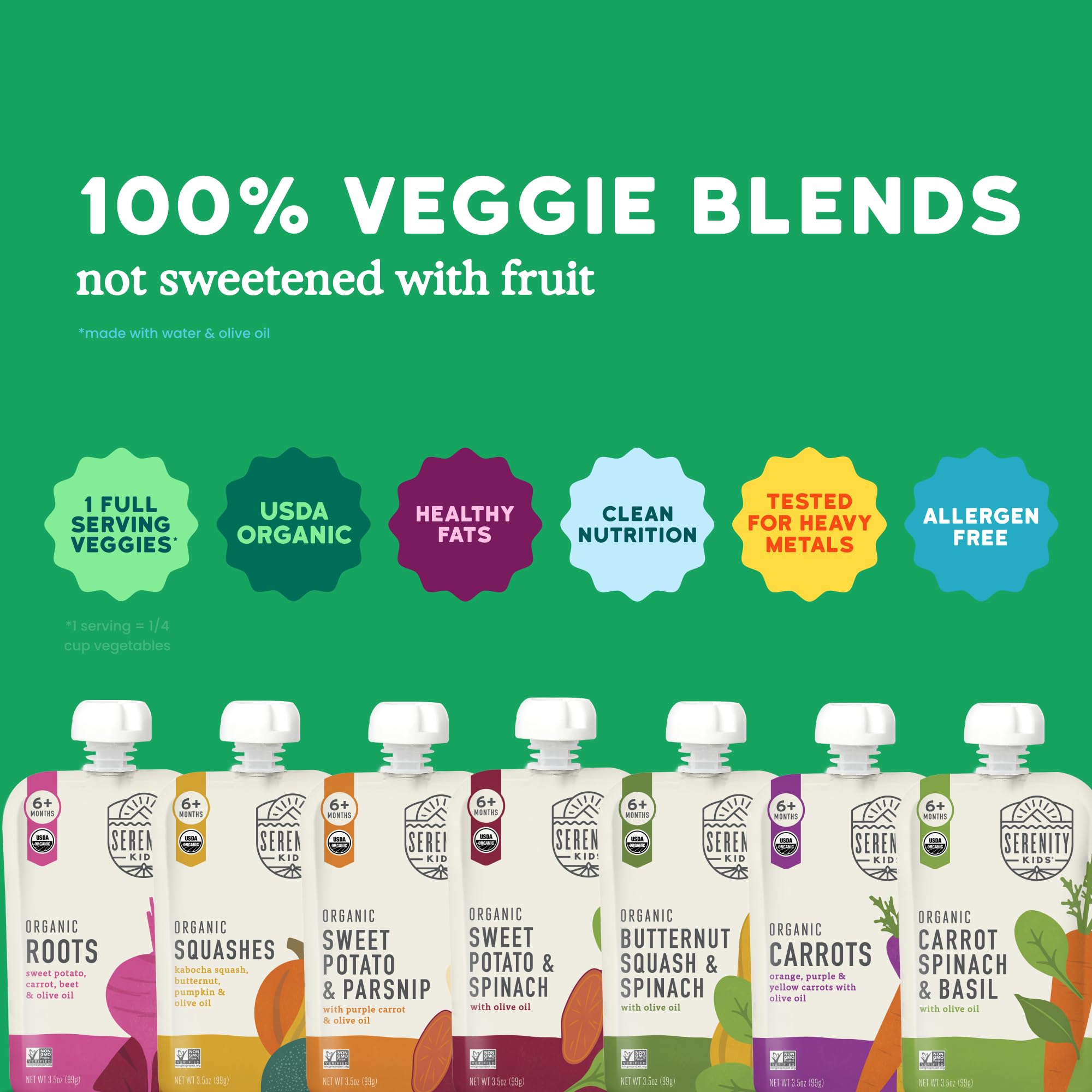 Serenity Kids Veggie Powerhouse Pouch highlighting veggies and fats.
