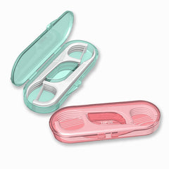 Setaria Viridis flosser dispenser with pink travel case for on-the-go flossing.