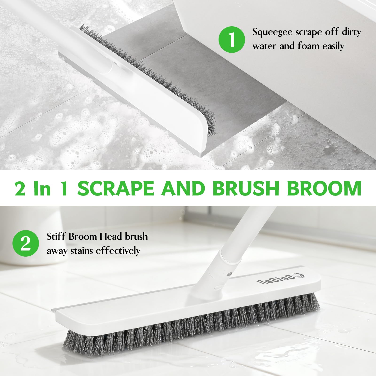 Setsail adjustable 3-section handle extends reach for tall and distant areas.