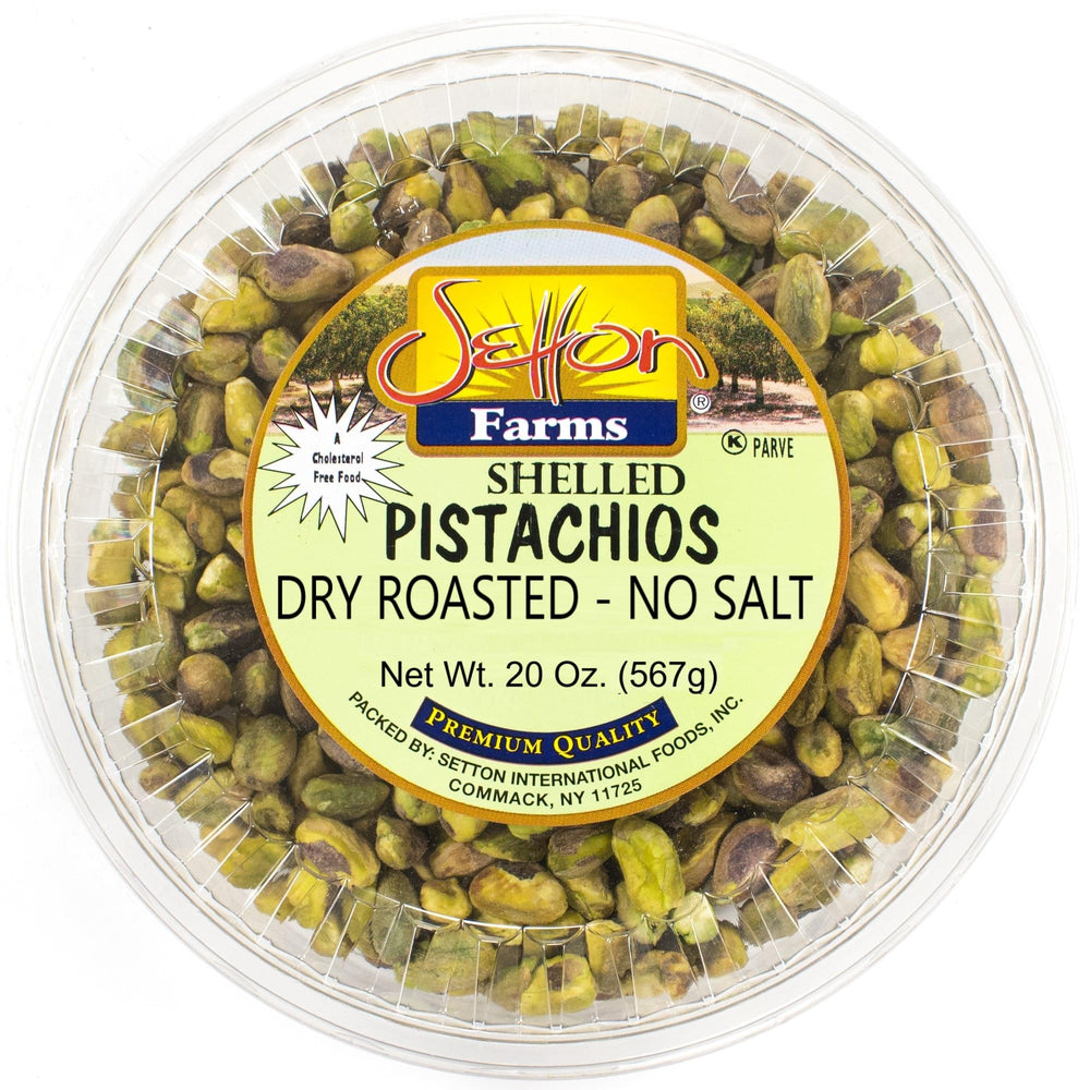 Setton Farms pistachio kernels, dry roasted, no salt, ideal for snacking.