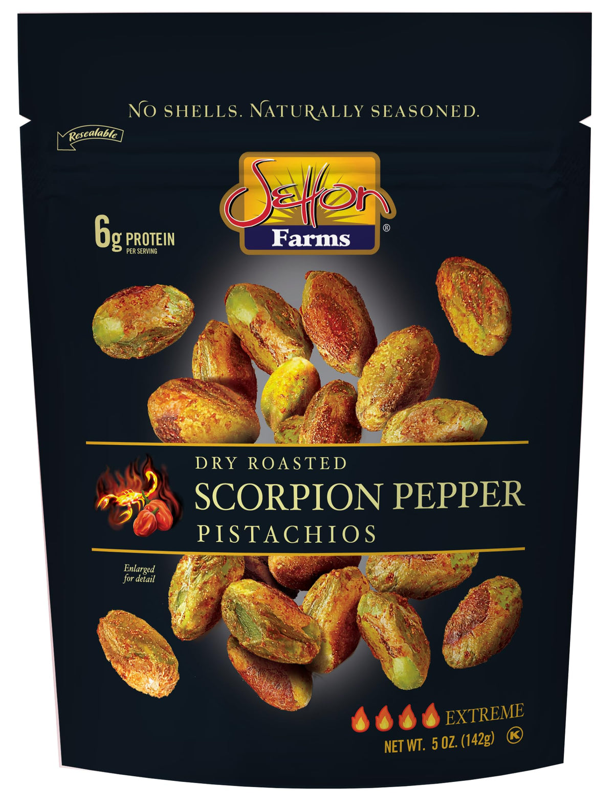 Setton Farms Pistachios Scorpion Pepper Extreme packaging showing bold heat ready-to-snack option