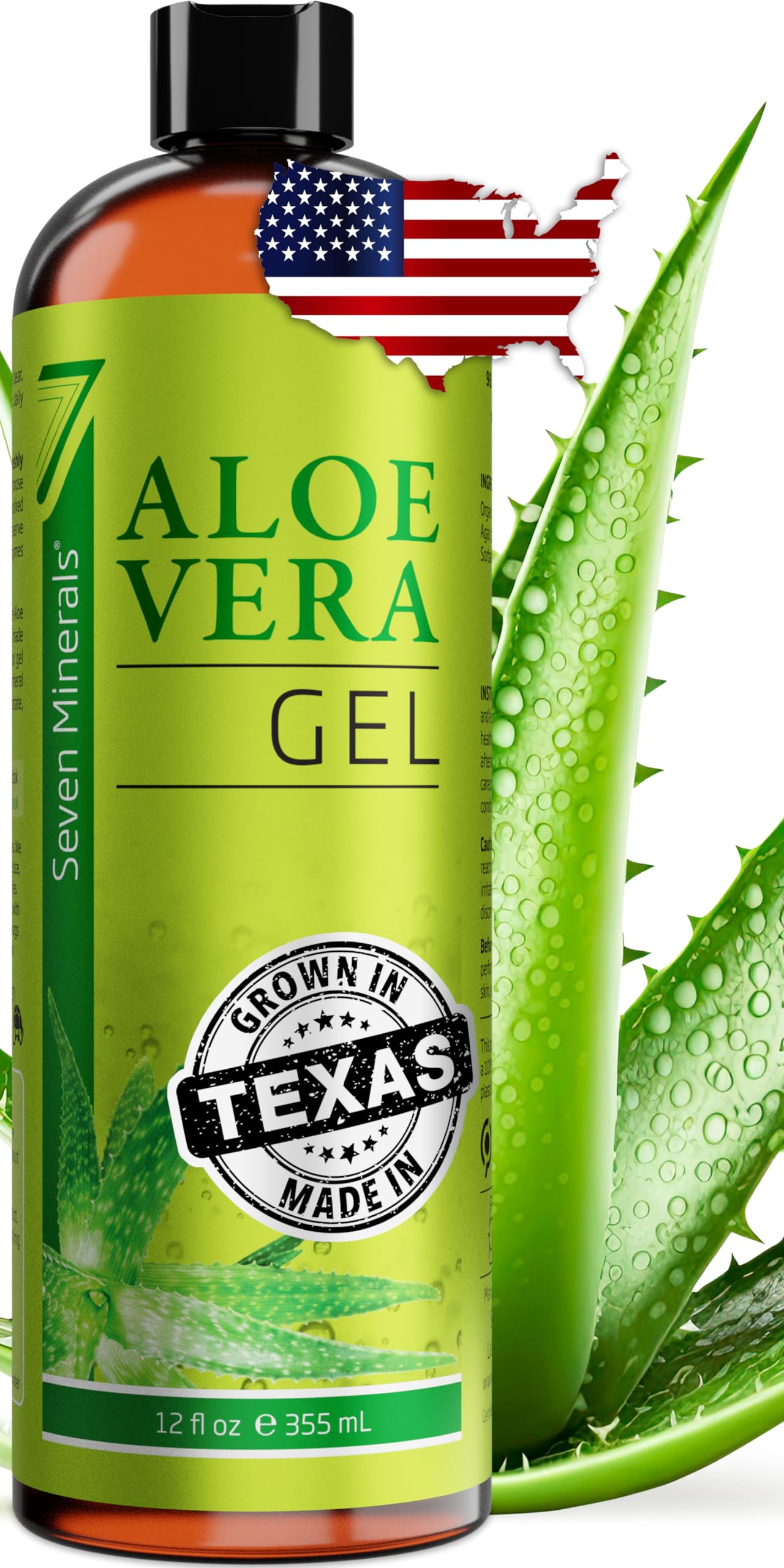 Seven Minerals Aloe Gel bottle front shows pure Texas-grown formula for daily skin care
