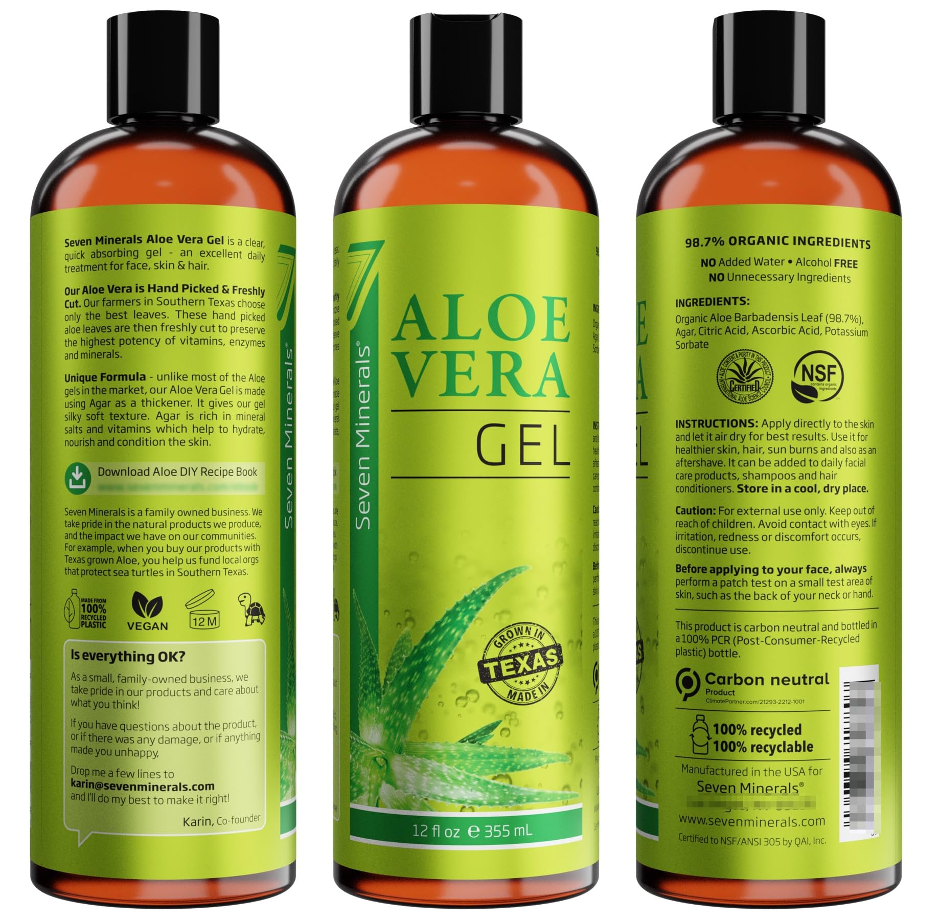 Seven Minerals Aloe Gel on face and hair supports daily care routines
