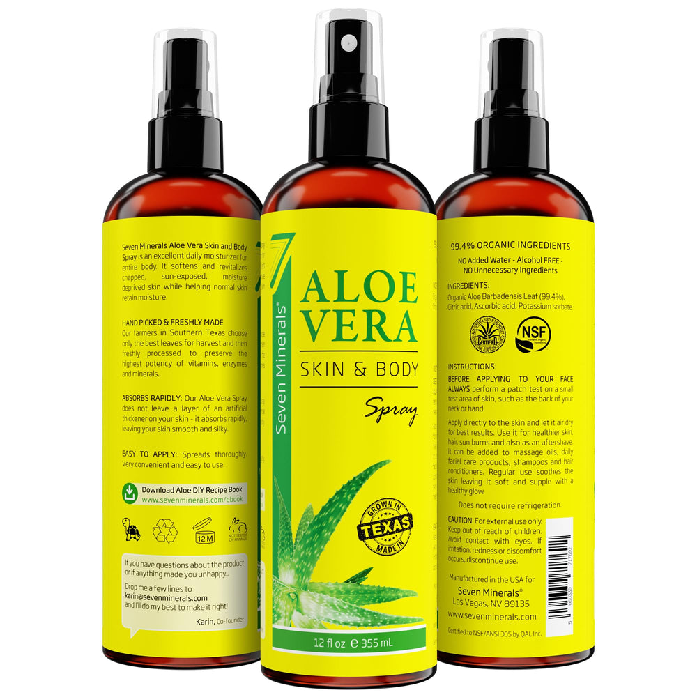 Seven Minerals Aloe Spray no-thickener formula absorbs rapidly