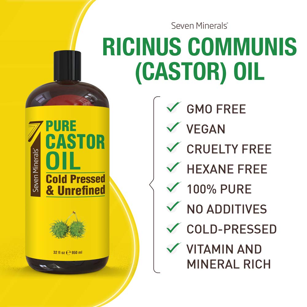 Seven Minerals castor oil bottle angled shot highlights unrefined single ingredient formula