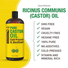 Seven Minerals castor oil bottle angled shot highlights unrefined single ingredient formula