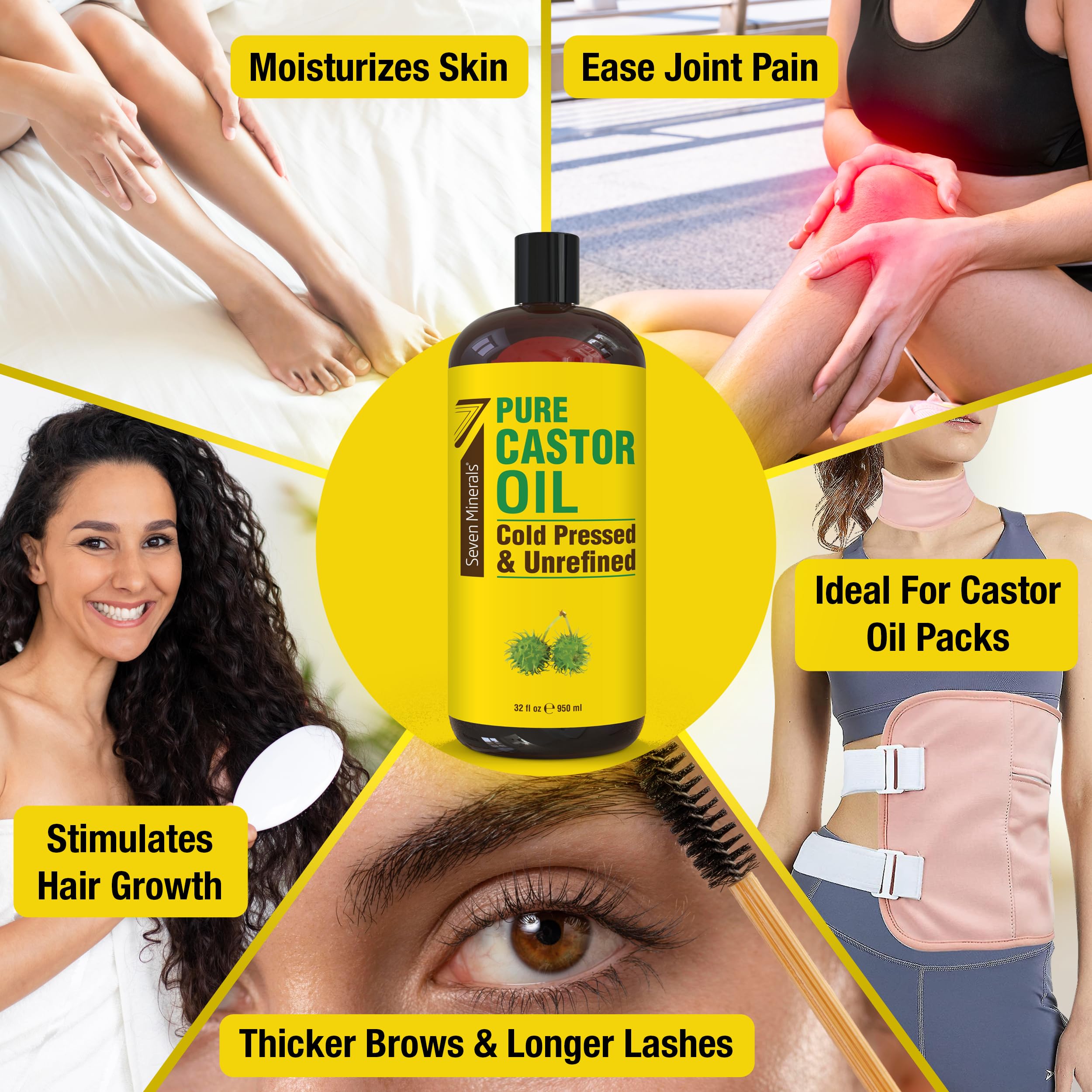 Seven Minerals castor oil bottle label closeup shows hexane-free pure ingredient