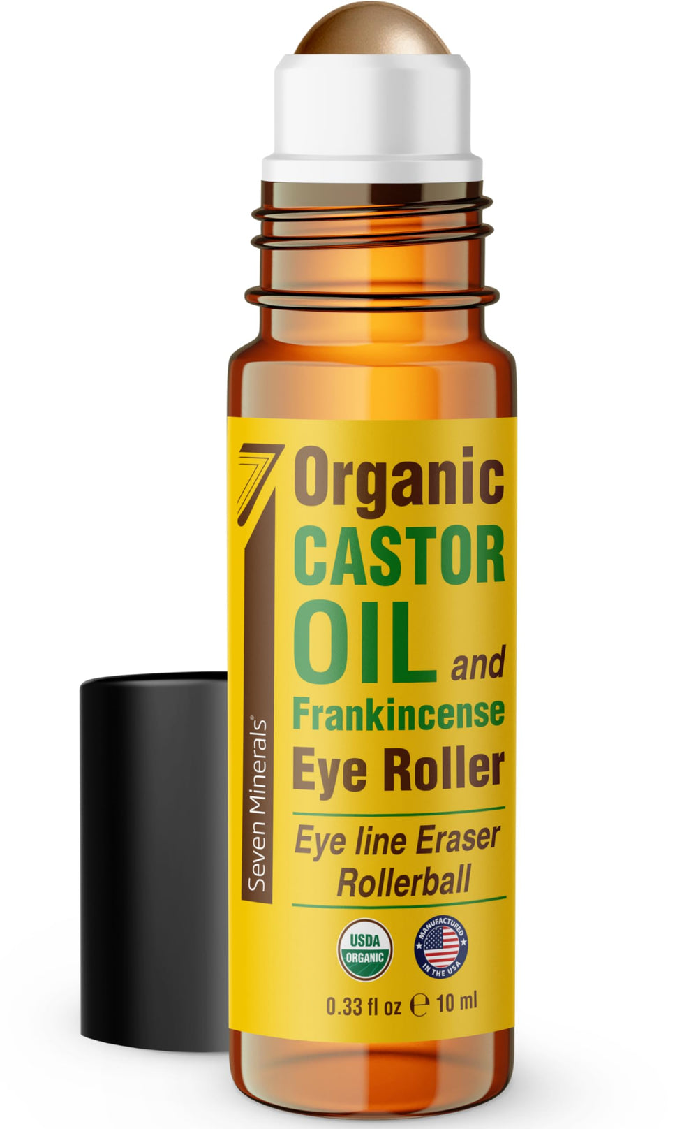 Seven Minerals castor oil eye roller cap close-up for portable brightening