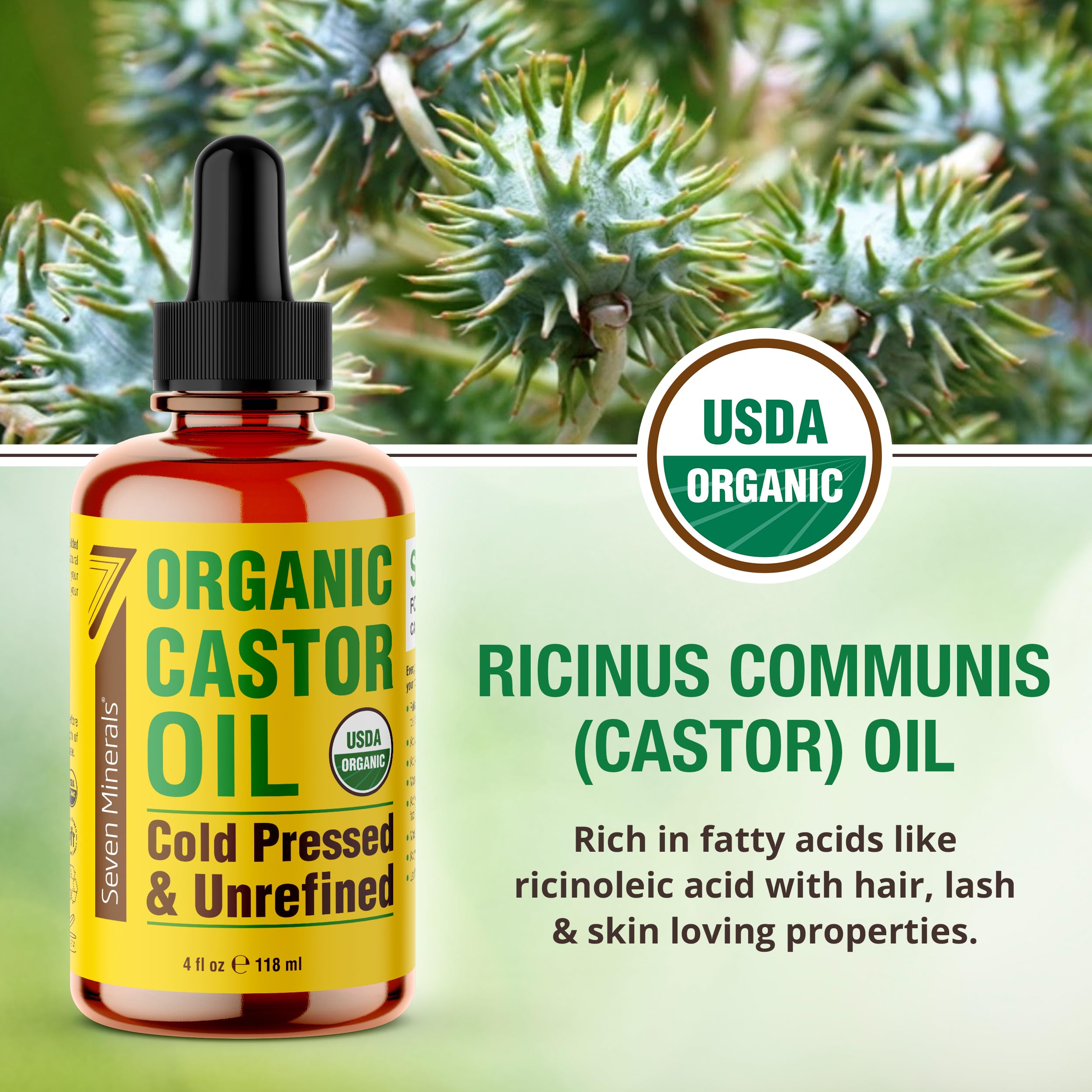 Seven Minerals castor oil for eyebrows; supports soft, well-defined brows.