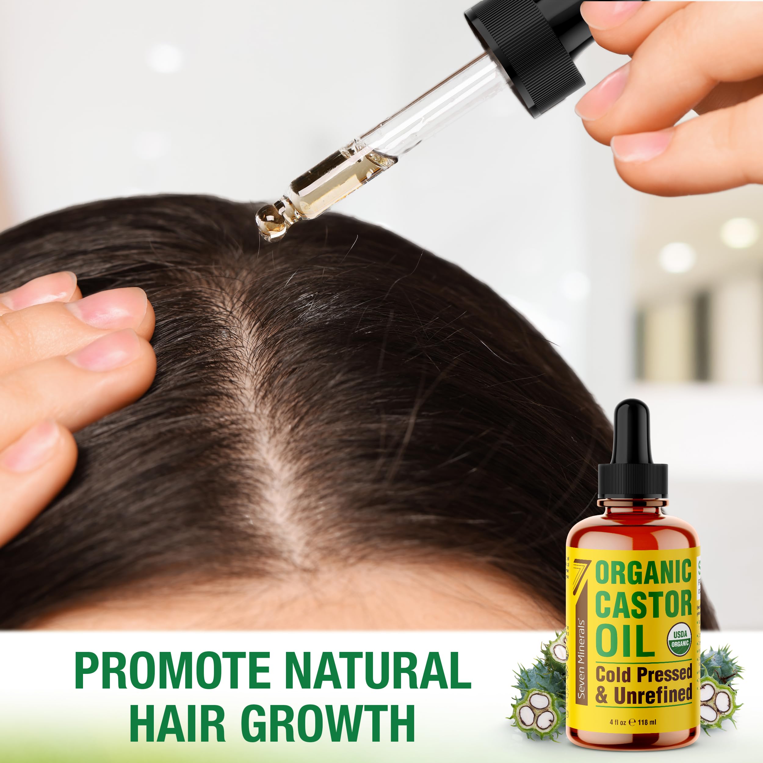 Seven Minerals castor oil in a glass bottle with dropper.