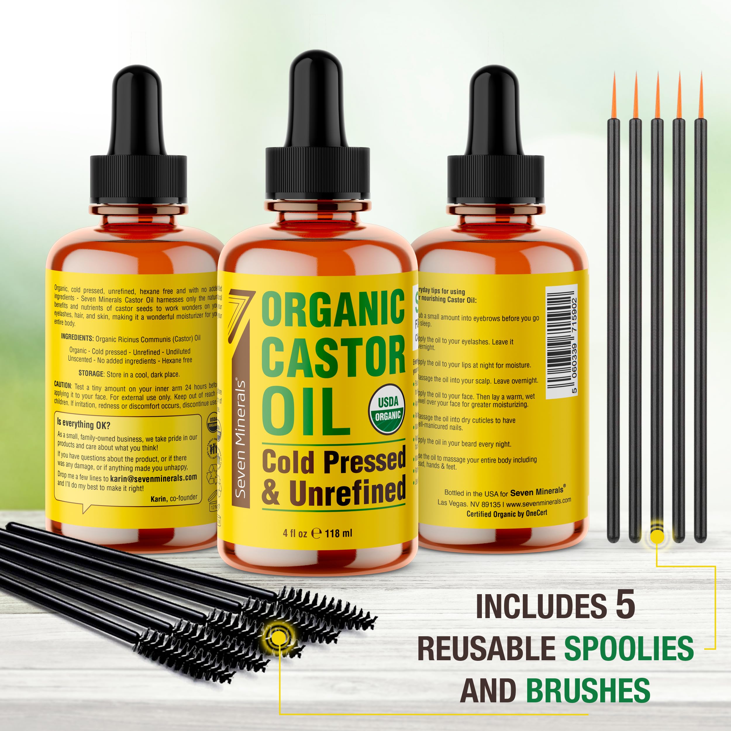 Seven Minerals castor oil—hexane-free and cold-pressed for purity.