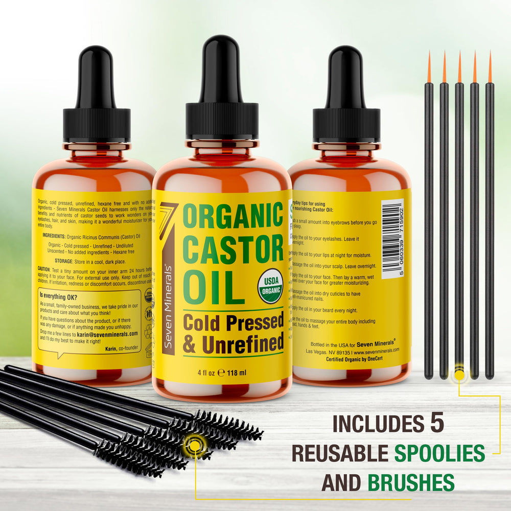 Seven Minerals castor oil—hexane-free and cold-pressed for purity.