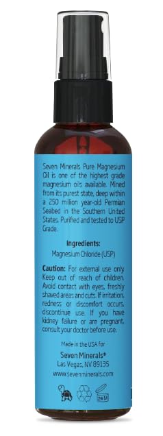 Seven Minerals magnesium oil spray in action, highlighting easy spray application.