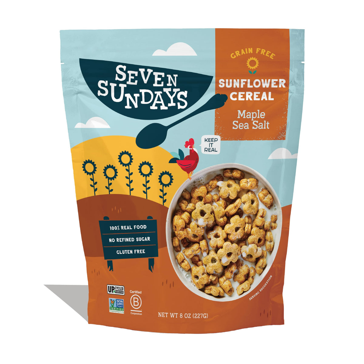 Seven Sundays Maple Sea Salt cereal bag highlights gluten-free, vegan ingredients for a wholesome start