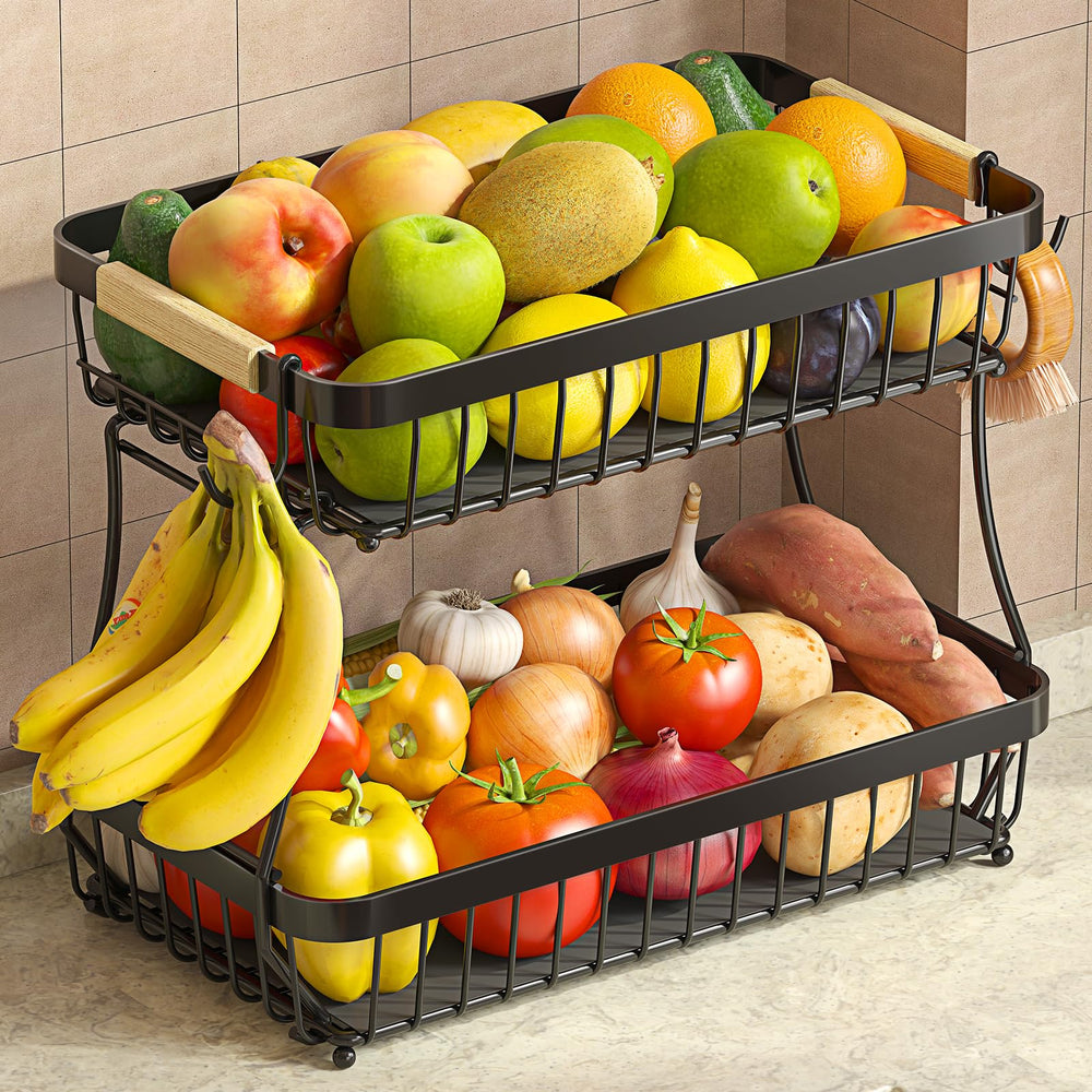Sevenblue 2-tier fruit basket with banana hangers keeps fruit organized and accessible.