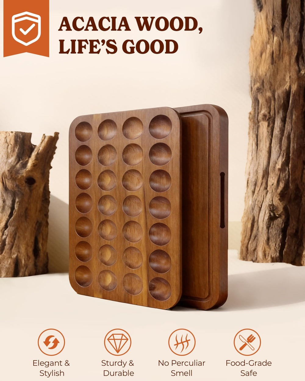Sevenblue acacia wood egg tray with 28 deep slots ideal for parties