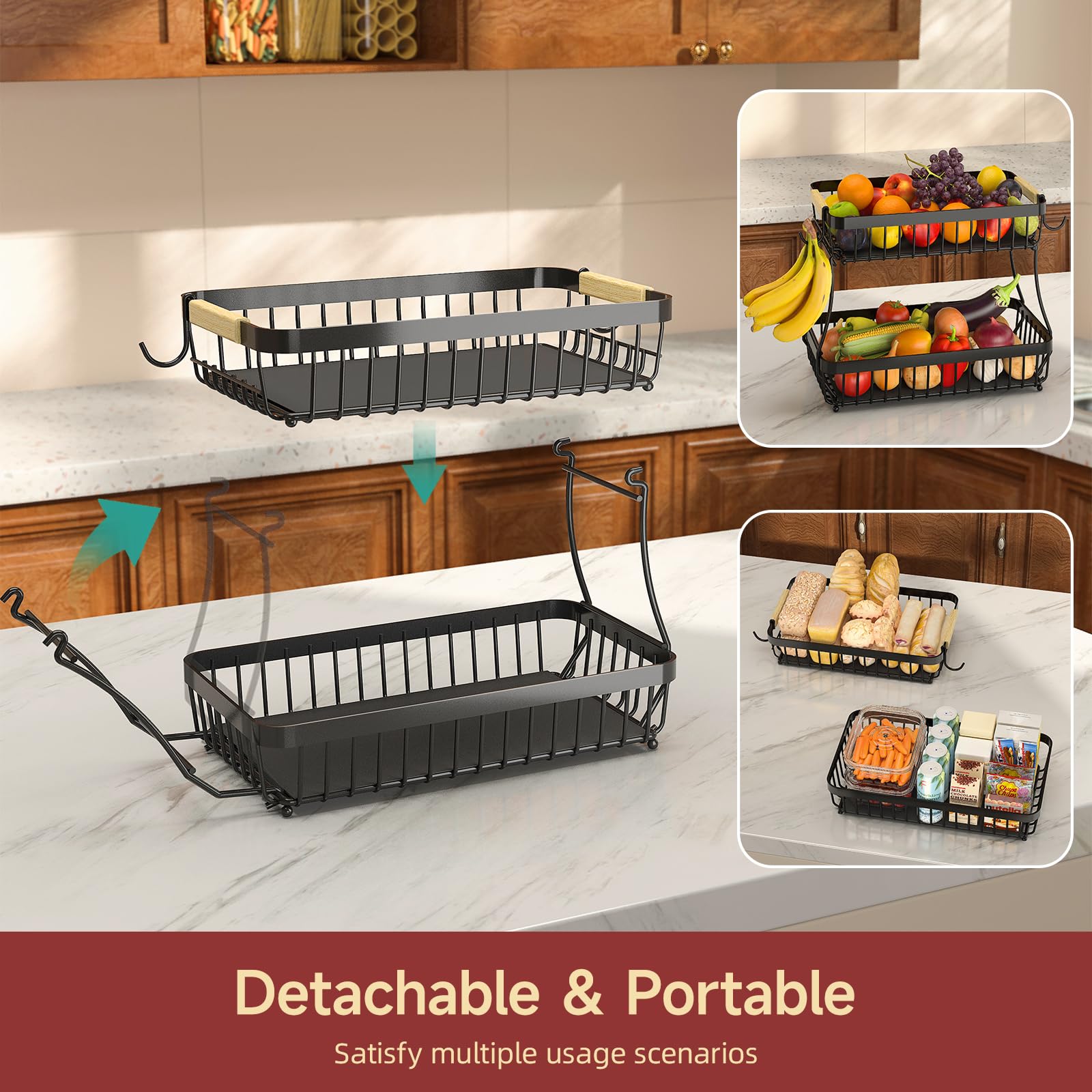 Sevenblue black fruit basket with open design promotes air circulation for freshness.