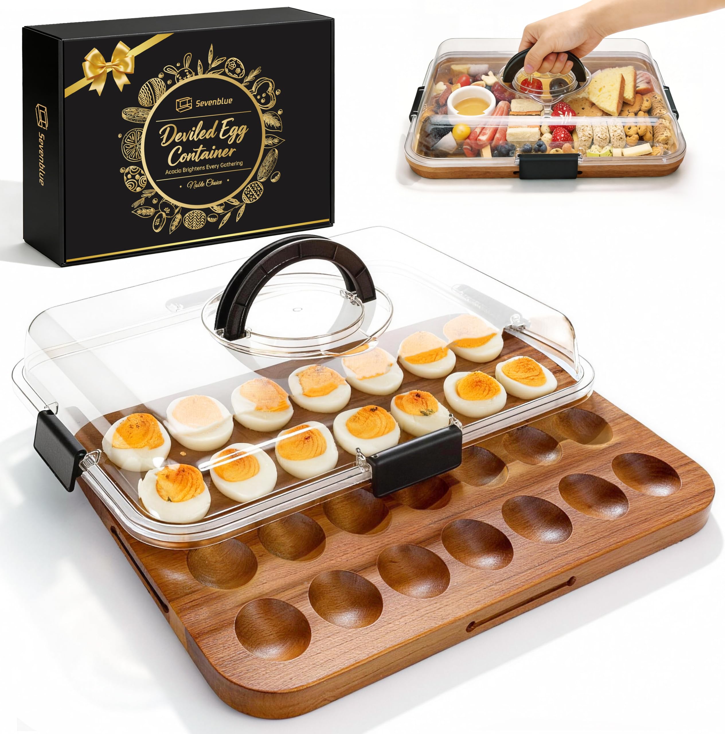 Sevenblue Easter acacia wood deviled egg container with lid, 28 secure slots for transport