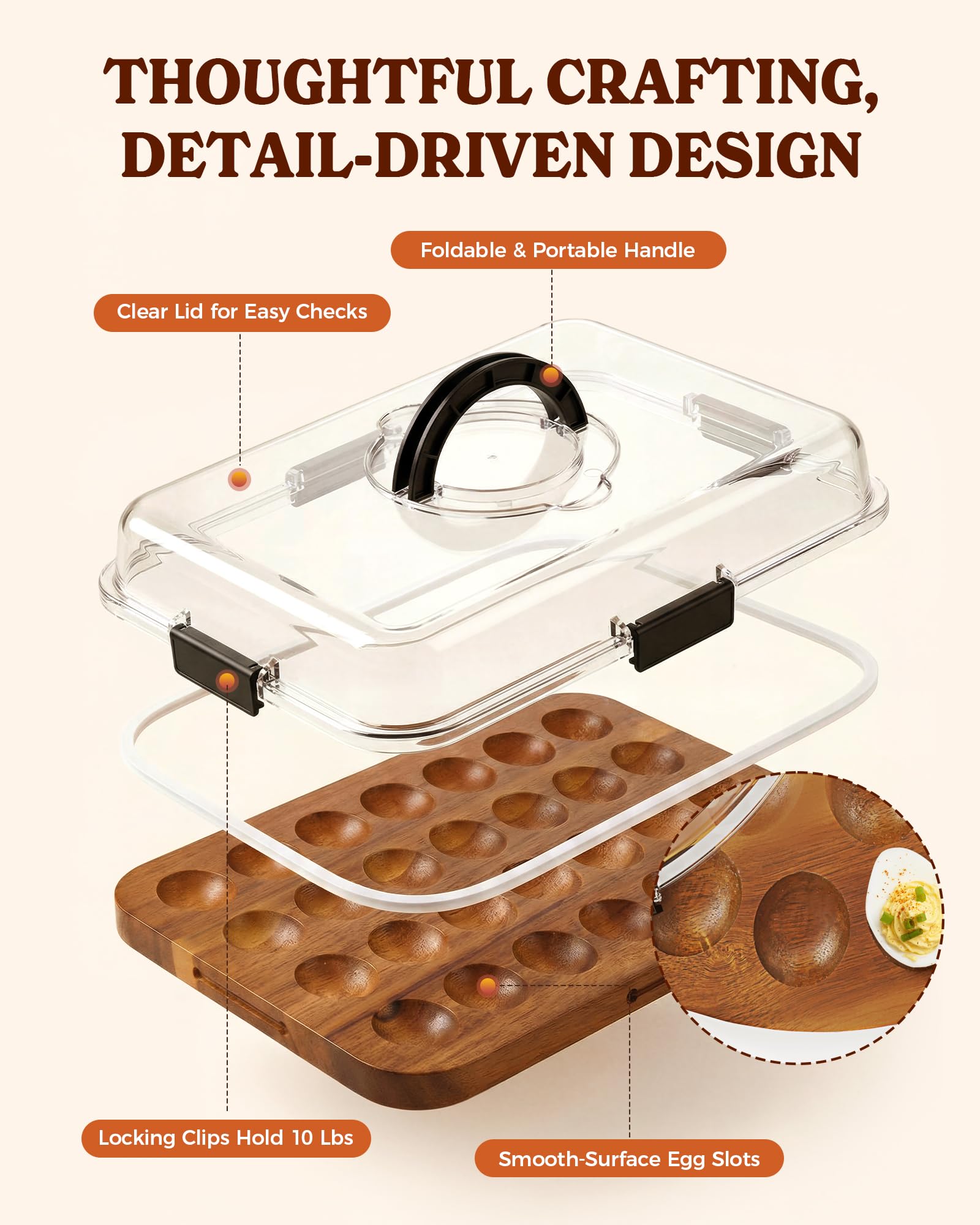 Sevenblue portable egg tray with foldable handle and clear lid for one-handed serving
