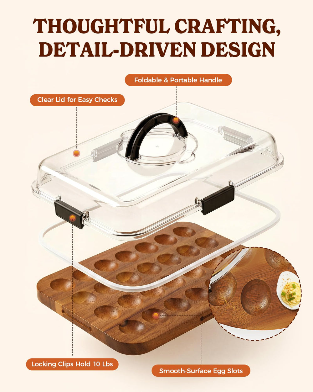Sevenblue portable egg tray with foldable handle and clear lid for one-handed serving