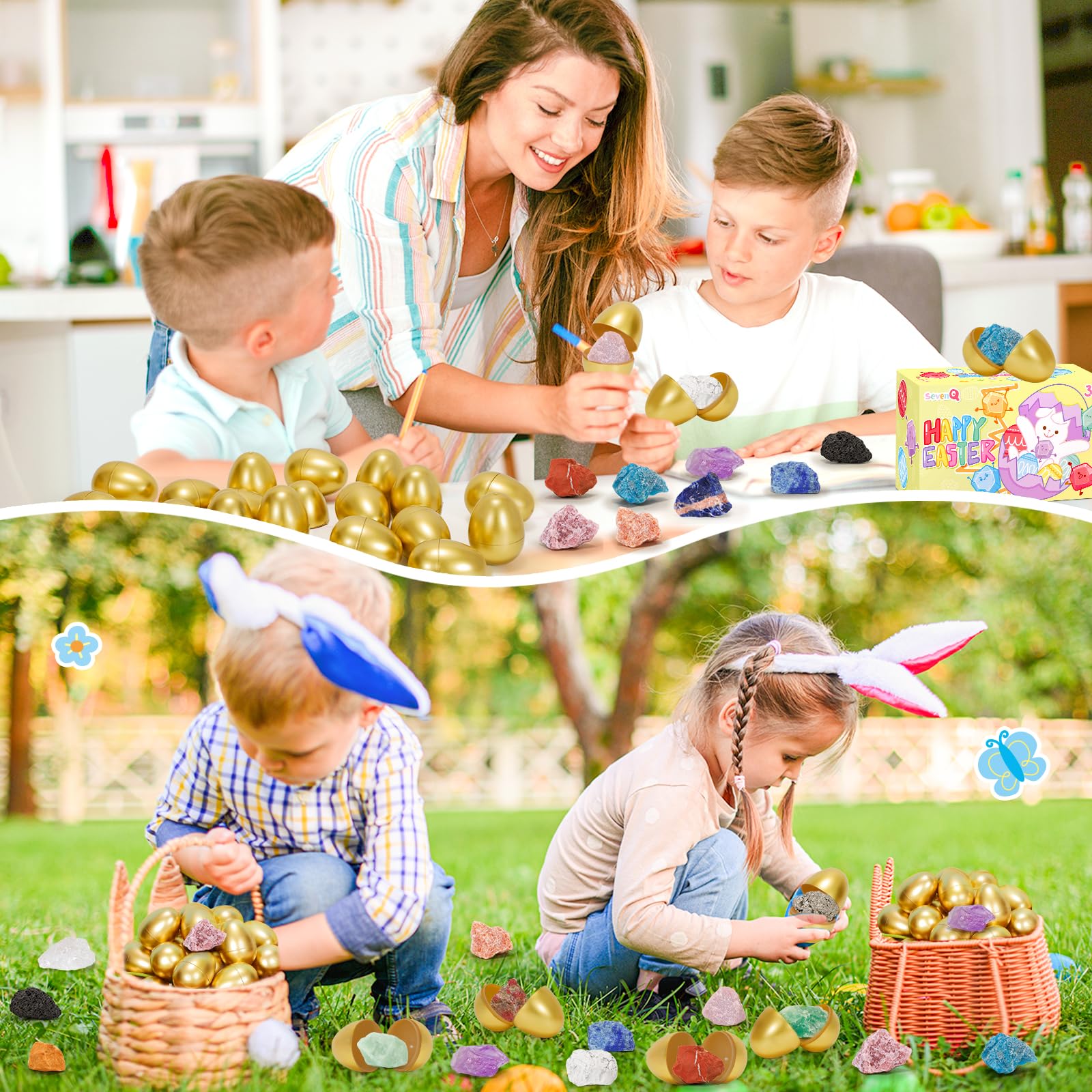 SevenQ bright colors and gems enhance egg hunts with sparkle.