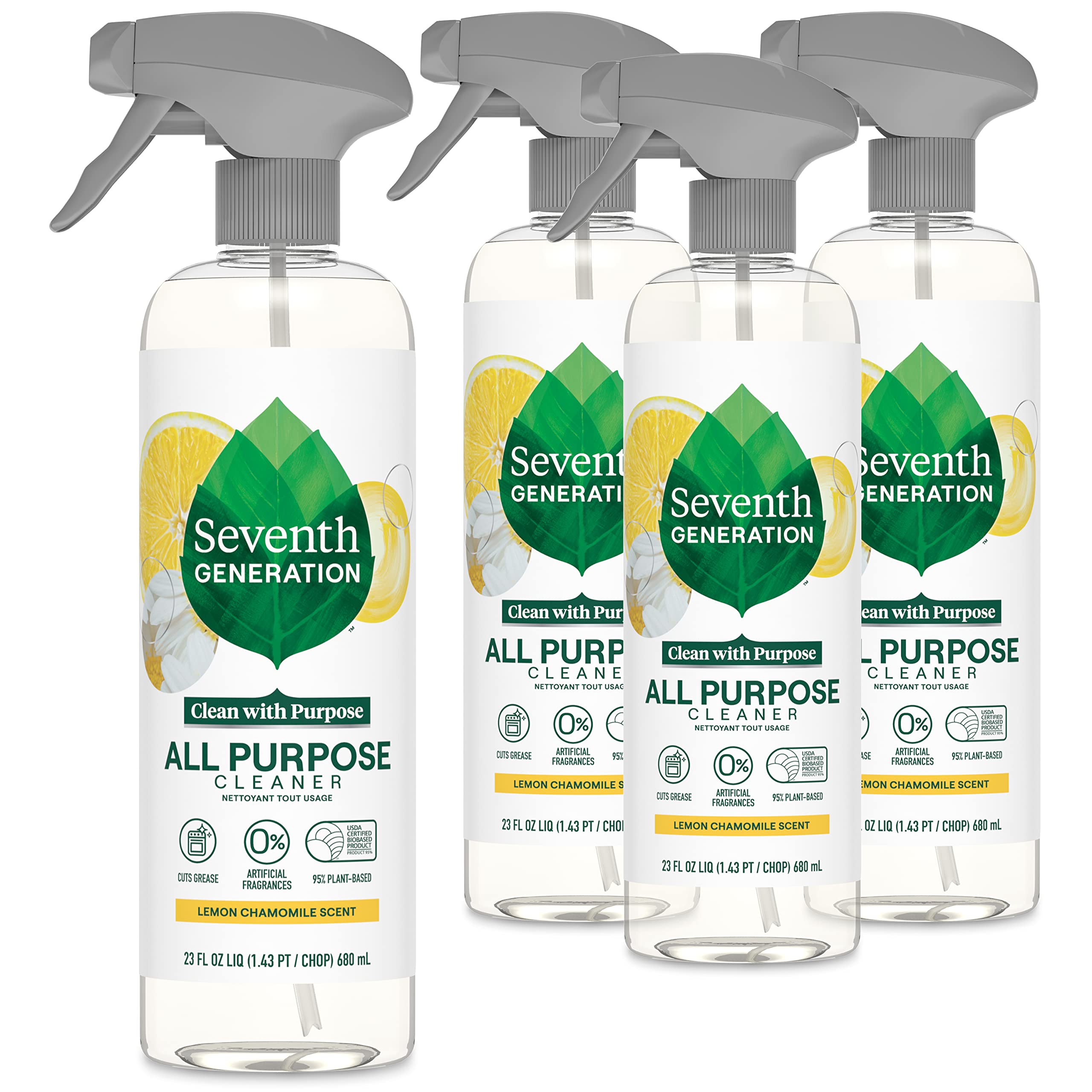 Seventh Generation Lemon Chamomile spray bottle ideal for cutting grease on kitchen surfaces.