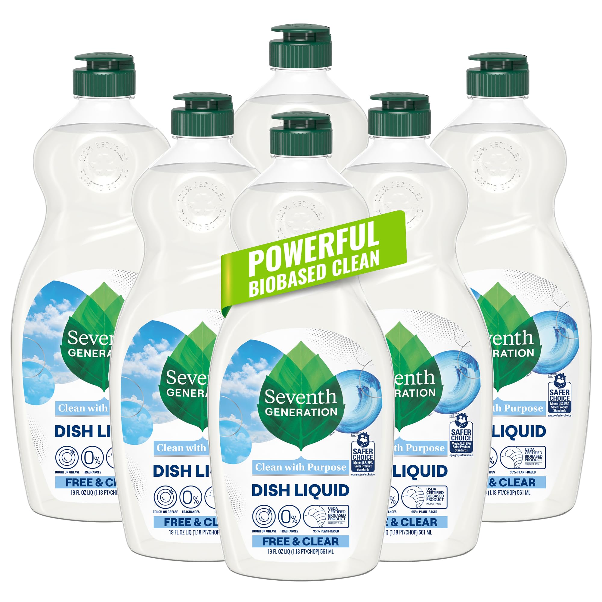 Seventh Generation Free & Clear dish liquid bottle, fragrance-free and gentle on sensitive skin.
