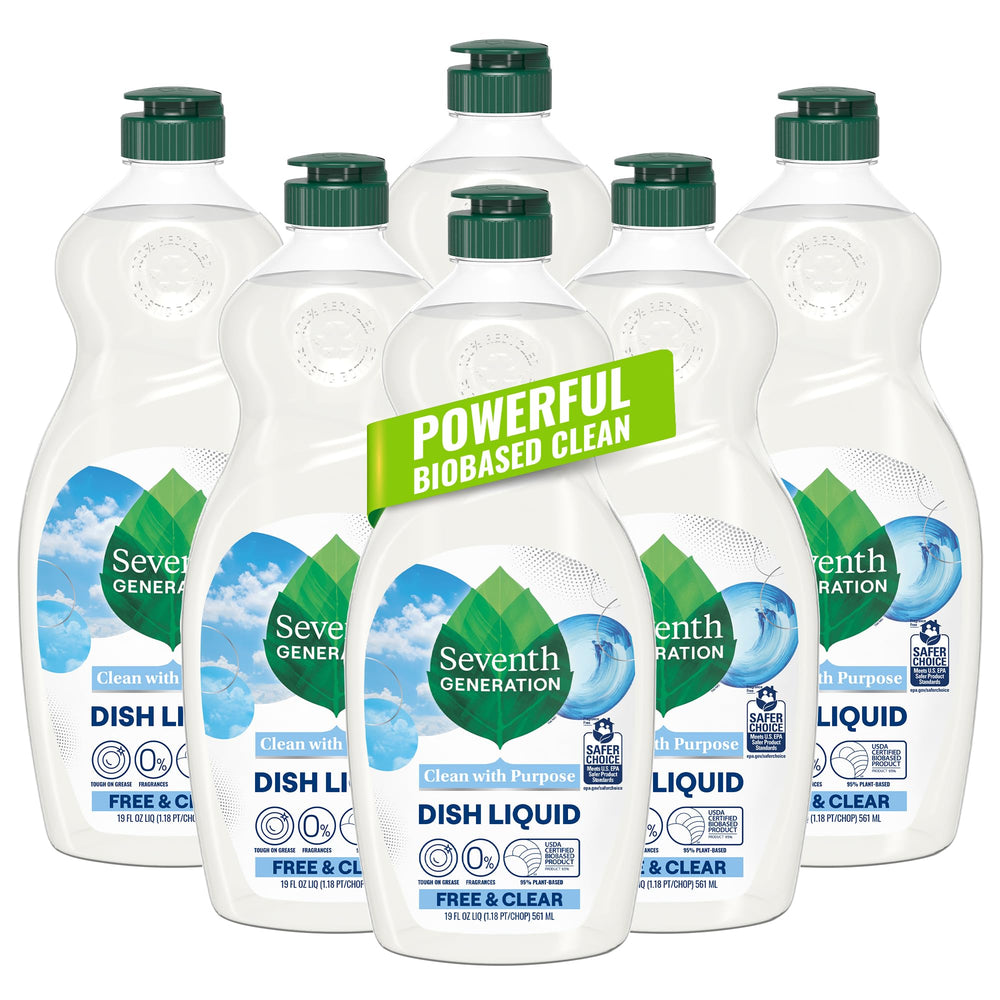 Seventh Generation Free & Clear dish liquid bottle, fragrance-free and gentle on sensitive skin.