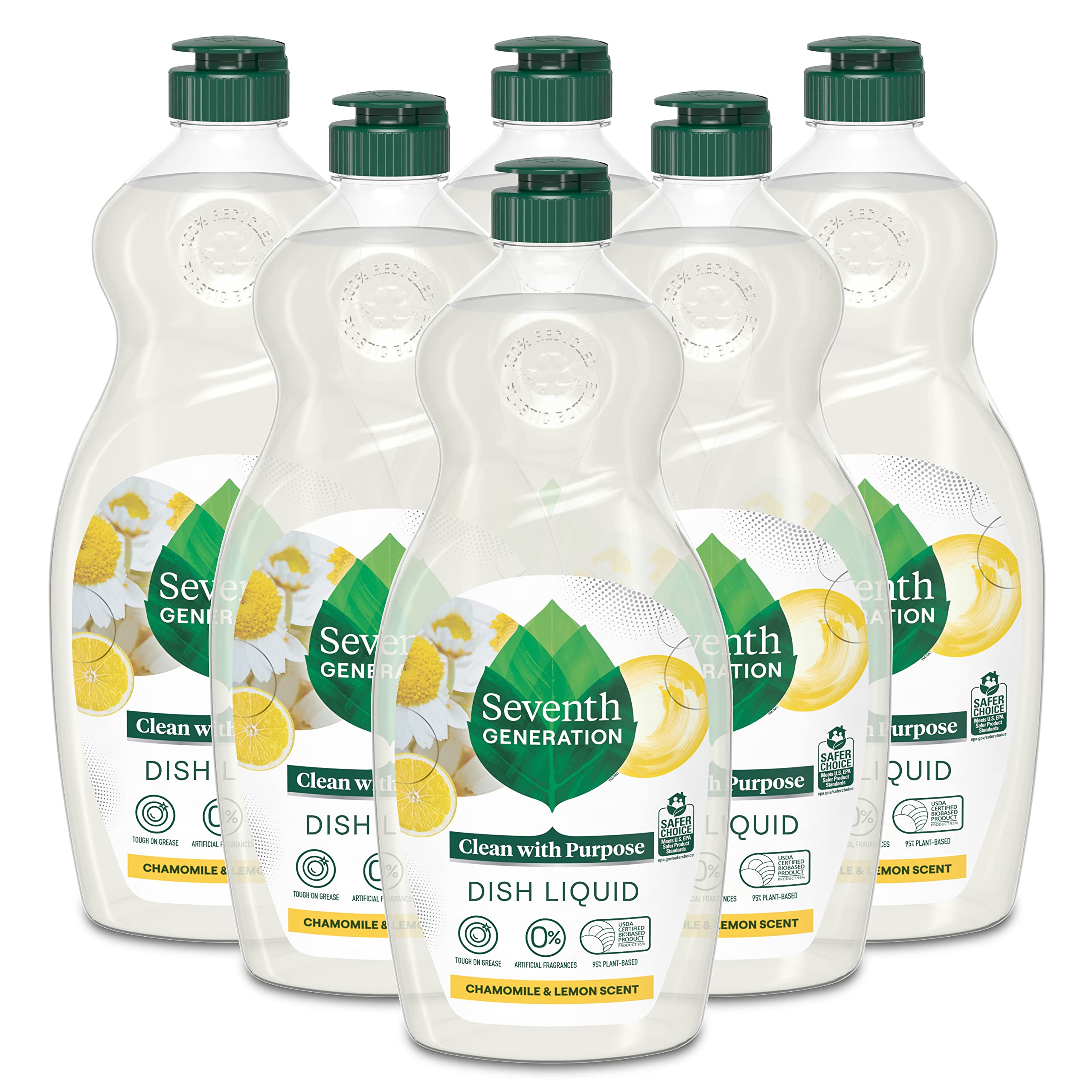 Seventh Generation Chamomile & Lemon dish soap bottle showing plant-based cleaning power