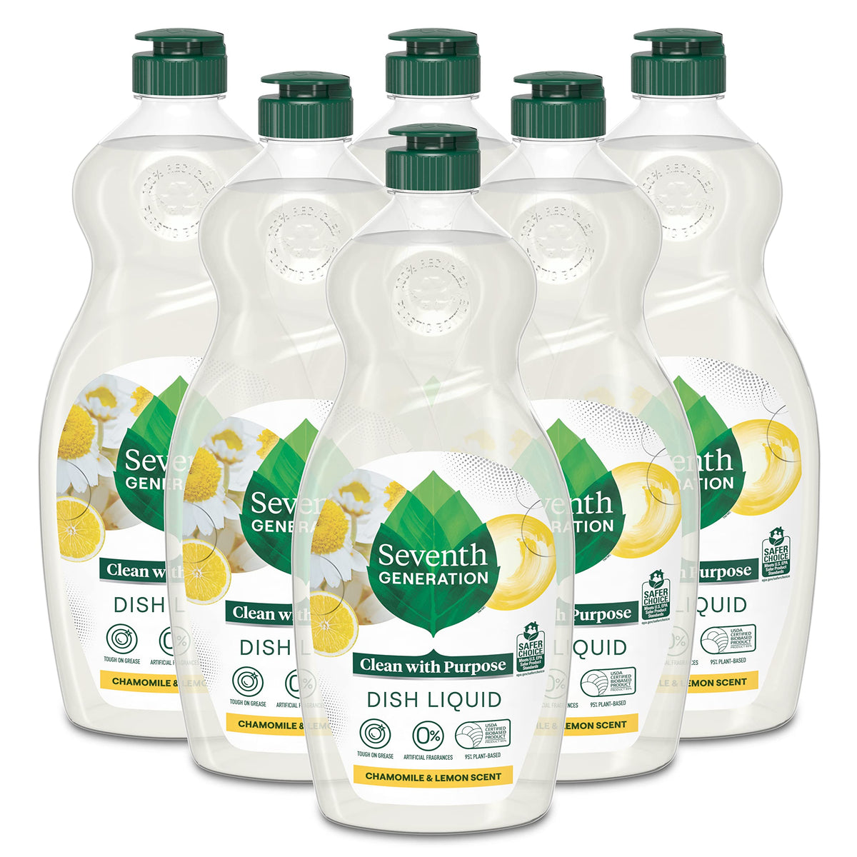 Seventh Generation Chamomile & Lemon dish soap bottle showing plant-based cleaning power