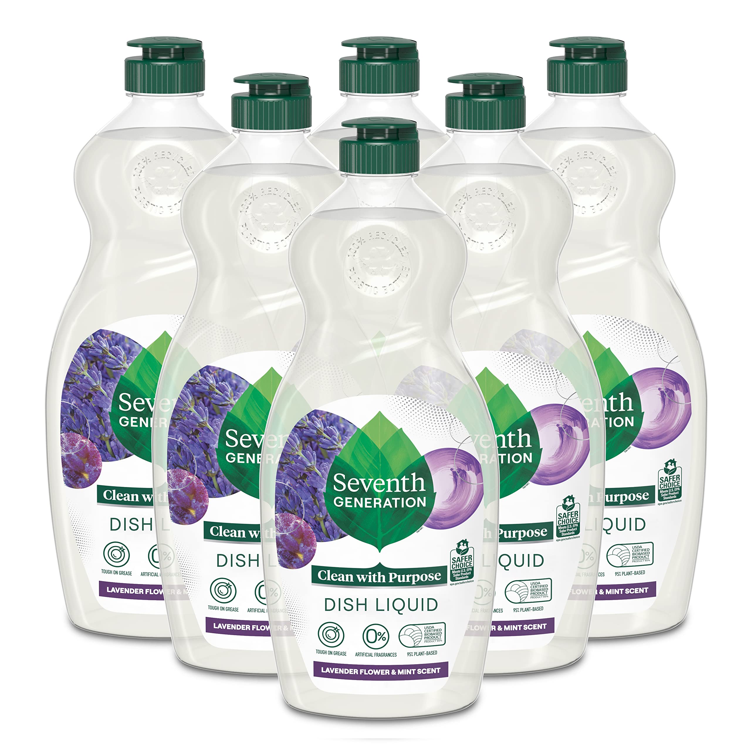 Seventh Generation lavender-mint bottle demonstrates plant-based grease cutting for clean dishes.