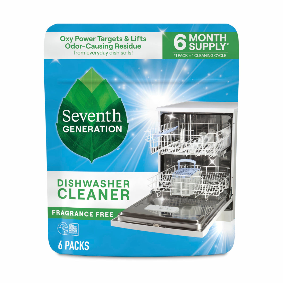 Seventh Generation dishwasher cleaner pack front view shows compact, mess-free design.