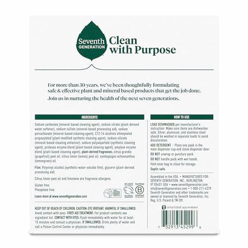 Seventh Generation dissolvable film shown for mess-free, drop-in use.