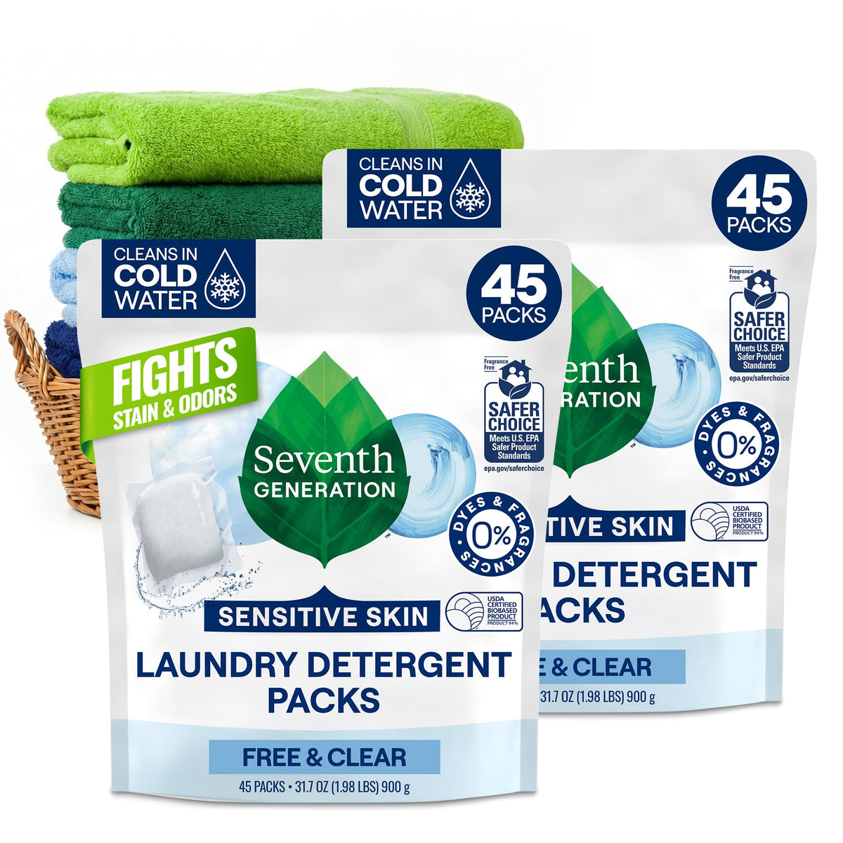 Seventh Generation Free and Clear detergent packs dissolving for quick laundry.