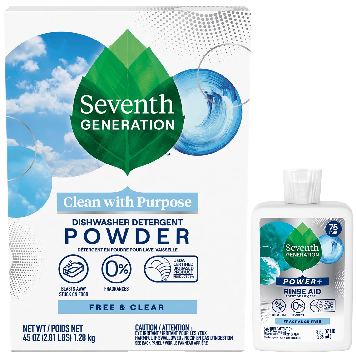 Seventh Generation Free & Clear dishwasher powder box for powerful, fragrance-free cleaning on everyday dishes.
