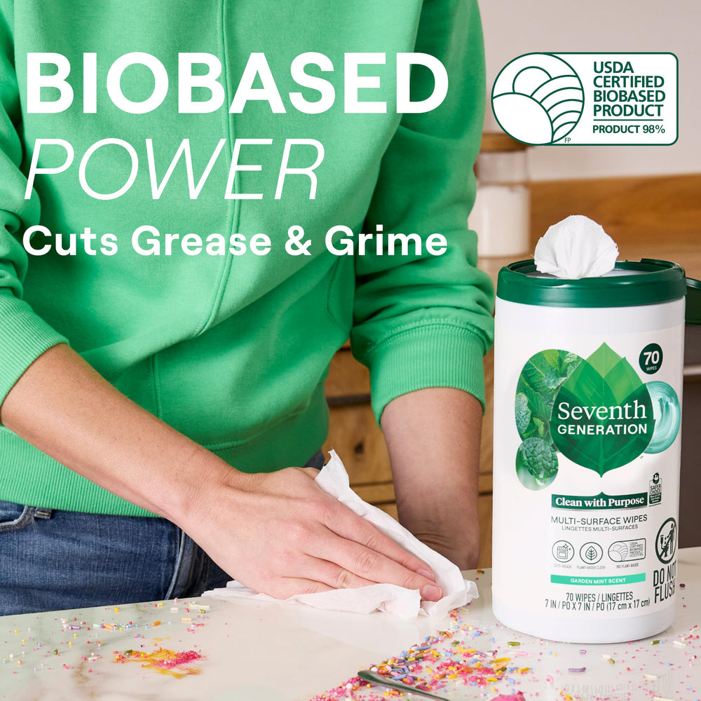 Seventh Generation Garden Mint wipes sanitize bathroom surfaces with a crisp, botanical fragrance.